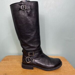 Frye Veronica Tall Knee High Boots Black Leather Buckle Size 6 1/2